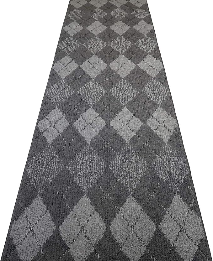 Custom Length Hallway Runner Rug,Slip Resistant,Squares Anthracite, 26 Inch X 11 feet, Sold and Priced Per Foot