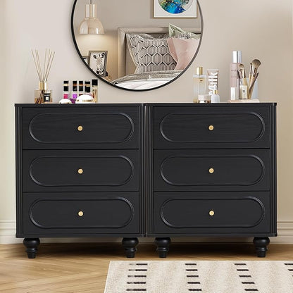 ORRD 3 Drawer Fluted Dresser for Bedroom Set of 2, Mid Century Modern Chest of Drawers, Wood Storage Small Dresser Organizer for Bedroom Living Room Hallway Closet, Black