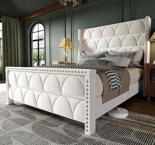 Queen Size Bed Frame with 56" Headboard - Velvet Upholstered Wingback Platform Bed Frame, Noise Free, Sturdy Wooden Slat Support (Cream, Queen)