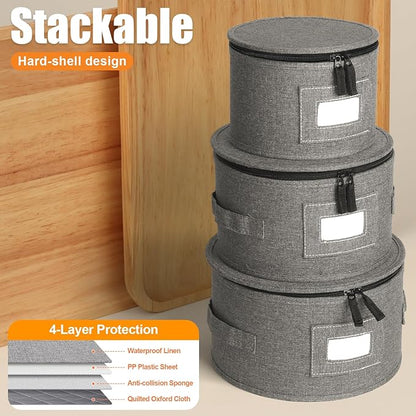 China Storage Containers, 4PCS Hard Shell Dish Storage Containers with Felt Dividers for Charger Plates Dinnerware, Moving Boxes for Dishes, Stackable Plate Storage Cases for 12 Place Setting