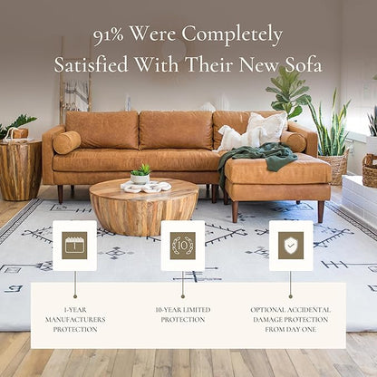 POLY & BARK Napa 104.5" Right-Facing Sectional Sofa – Cognac Tan Full-Grain Pure-Aniline Italian Leather, Feather-Down Cushions, Solid Wood Frame