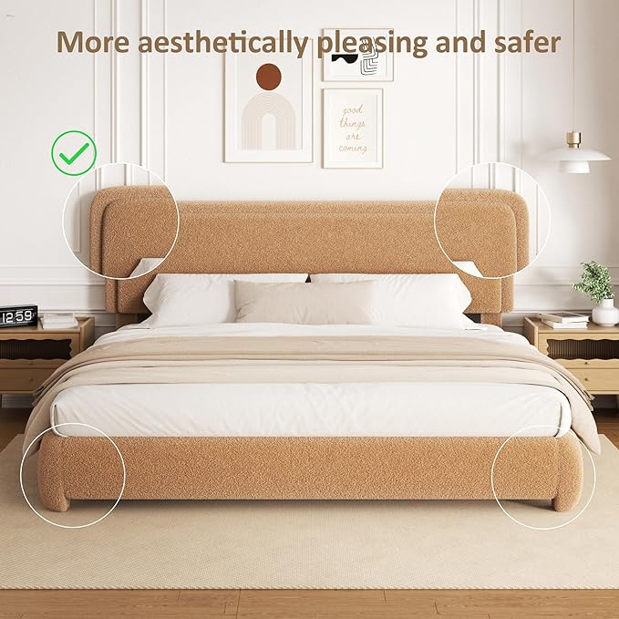 Queen Size Boucle Platform Bed Frame, Upholstered Cloud with Adjustable Headboard, Anti-Collision Soft Rounded Corners, No Box Spring Required, Easy Assembly, Noise Free