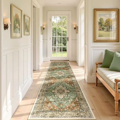 Area Rugs 2'x7' Washable Non-Slip, Floral Vintage Distress Print Pattern Medallion Carpet for Living Room Bedroom Dining Room, Brick Red Rust Neutral Brown Burnt Orange Green