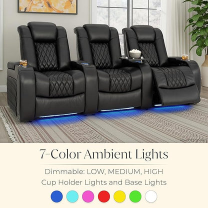 Seatcraft Diamante Zero-Gravity CoolZero Italian Leather Home Theater Seating, Power Headrest, Power Recline, Row of 2 Loveseat, Black