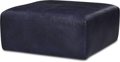 POLY & BARK Sequoia Ottoman – 35” Square Pouf with Feather-Down Topper – Full-Grain Leather Upholstered Pouf Ottoman for Living Room – Italian Leather in Midnight Blue