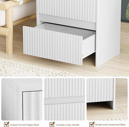 Fluted Nightstand, 23" Wide Bedside Table with 2 Storage Drawers, Modern Night Stand for Bedroom, White