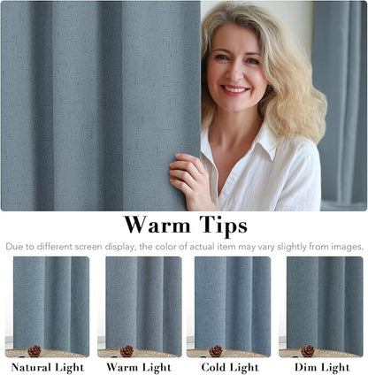 H.VERSAILTEX Linen Blackout Curtains 84 Inches Long 100% Blackout Thermal Insulated Textured Linen Look Curtain Draperies Anti-Rust Grommet, Energy Saving with White Liner, 2 Panels, Stone Blue