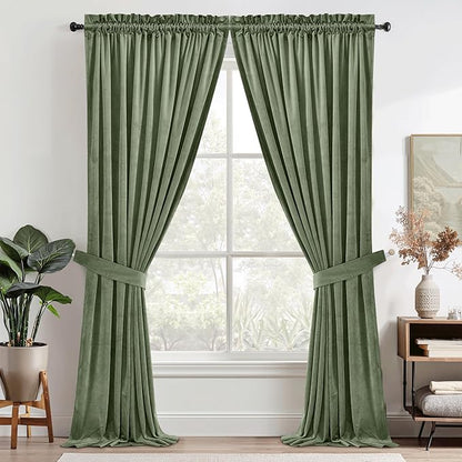 StangH Sage Green Velvet Curtains - Modern Thermal Insulated Drapes for Office, Heavy Soft Curtains with Noise Reduction for Sliding Door, W52 x L92, 2 Panels