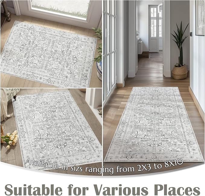 jinchan Lima Washable Area Rug 3x5 Entryway Rug - Distressed Vintage Floral Ultra-Thin Low-Pile Soft Non-Shedding Indoor Floor Carpet for Kitchen Bedroom Entrance Laundry Living Room (3x5ft, Grey)