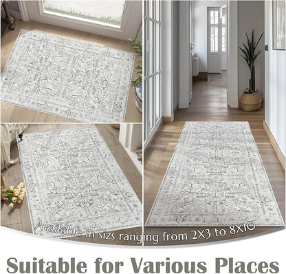 jinchan Lima Washable Area Rug 3x5 Entryway Rug - Distressed Vintage Floral Ultra-Thin Low-Pile Soft Non-Shedding Indoor Floor Carpet for Kitchen Bedroom Entrance Laundry Living Room (3x5ft, Grey)