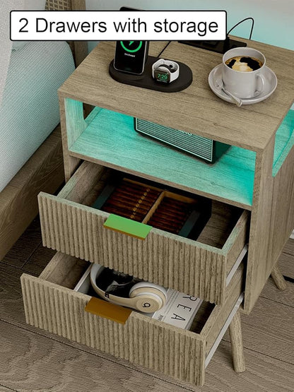 Nightstand with Charging Station and LED Lights, Modern Bedside Table with 2 Storage Drawer and Open Wood Shelf for Bedroom and Small Spaces, Night Stand with Solid Wood Legs