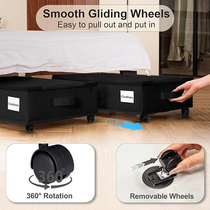 Under Bed Storage with Wheels, 2 Pack Under Bed Storage Containers with Label Holders for Clothes, Shoes and Blankets, Rolling Underbed Shoe Organizer with Cover, Black (23.6 x 15.7 x 7.28 in)
