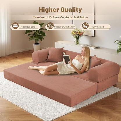 80" Convertible Sofa Bed,Corduroy Folding Sleeper Sofa Bed Queen with Pillows & Storage,Modular Pull Out Couches Boneless Couch for Living Room,Compressed Couch in a Box,Pink