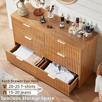 LEYAOYAO 48" Wide Fluted Dresser and 3 Drawers 23" Nightstand Set of 2, Wooden Dresser & Night Stand with Charging Station, 3 Piece Bedroom Furniture Set, Wood Chest of Drawer for Living Room,Brown