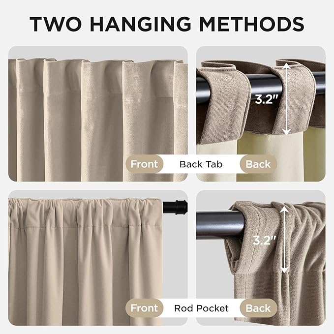 Joydeco Beige 100% Blackout Curtains 108 Inch 2 Panels, Luxury Thermal Beige Velvet Curtains for Bedroom Living Room, Soundproof Blackout Window Drapes, Rod Pocket & Back Tab (52W x 108L)