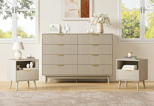 LYNSOM Fluted Dresser and Nightstand Sets 3 Piece, 8-Drawers Dresser and 1-Drawer Nightstands Set of 2, Wood Bedroom Furniture Set for Home, Bedroom, Hallway, Beige
