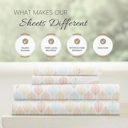 Linen Market Patterned Microfiber King Sheet Set 4 Piece – Oeko-TEX Certified Ultra Soft & Wrinkle-Free - 16" Deep Pocket Sheets - Easy Care King Size - Fall Foliage Yellow
