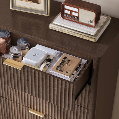 LINSY Fluted Dresser for Bedroom with 5 Drawers, Mid Century Modern Chest of Drawers with Gold Metal Handles, Tall Boho Wood Dressers, Large Farmhouse Storage Cabinet for Bedroom, Living Room, Walnut