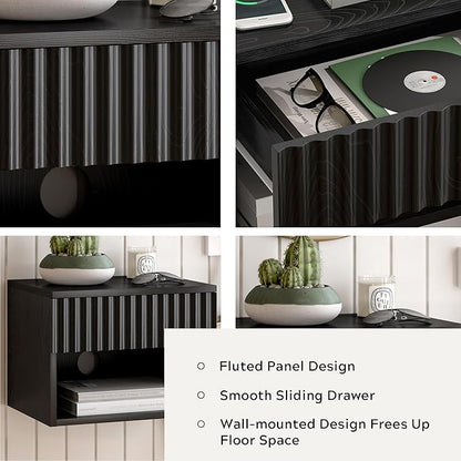 Floating TV Stands Set of 4 with Drawer and Open Shelf, Small Wall Mounted Bedside End Table, Modern Fluted Night Stand for Bedroom, Living Room, Black