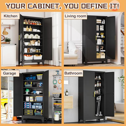75" Metal Kitchen Pantry Cabinet,Black Storage Cabinet with Doors and 5 Adjustable Shelves, Cabinet with 2 Metal Handles,Tall Cabinet for Livingroom,Pantry, Bathroom,Kitchen