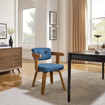 Art Leon Office Chair No Wheels - Mid Century Modern Desk Chair Fabric Upholstered Swivel Dining Chairs with Wood Legs for Small Spaces Home Office Living Room Bedroom Study, Blue/Walnut