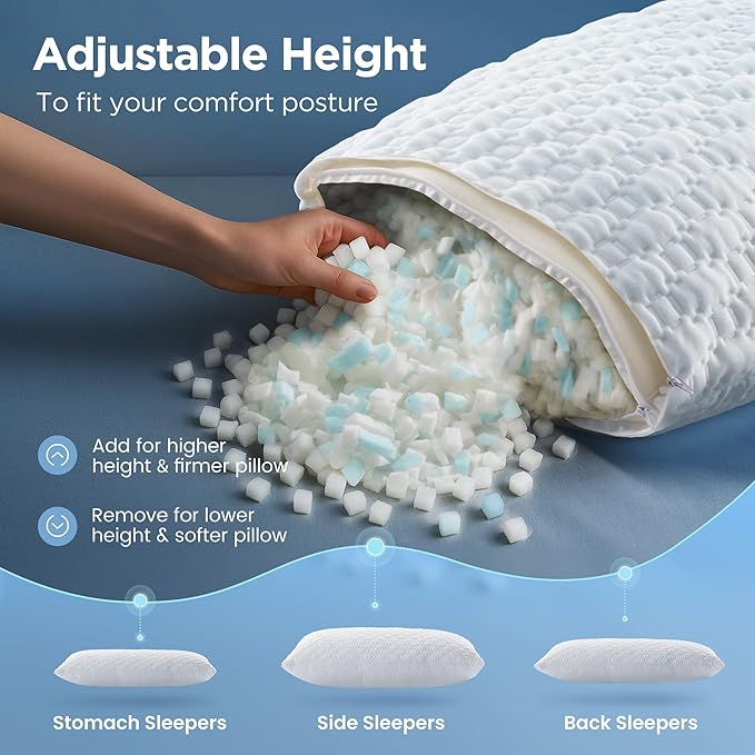 Sophia & William Cooling Bed Pillow for Sleeping (Standard Size) Adjustable Shredded Memory Foam Pillow for Side, Back and Stomach Sleepeers