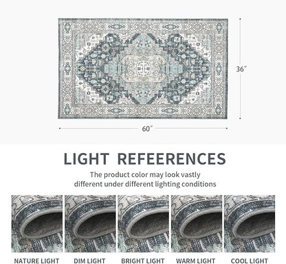 3x5 Vintage Washable Area Rug for Living Room,Low Pile Non Slip Carpet Non-Shedding Small Area Rug Soft Indoor Stain Resistant Rug Boho Print Mat for Bedroom Dining Room Blue Beige Multi