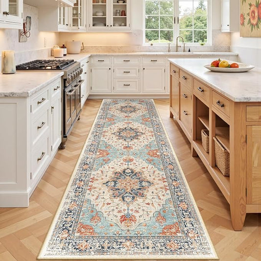 Area Rugs 2'x7' Washable Non-Slip, Floral Vintage Distress Print Pattern Medallion Carpet for Living Room Bedroom Dining Room, Beige Navy Blue Orange Colorful