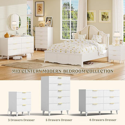 Lulive Wood Nightstand Set of 2 Fluted Dresser for Bedroom 3 Drawers Night Stand with Charging Station, Storage Modern Side Table White