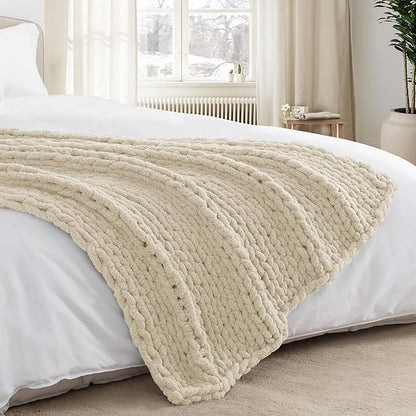 Chunky Knit Throw Blanket 60"X 80", 100% Handmade with Soft Chenille Yarn, 6.7lbs Thick Cable Knitted Blankets, Large Rope Knot Crochet Throws for Couch Sofa Bed Home Decor, Beige