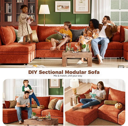 ABCASA 134.6" Luxury Modular Sectional Convertible Sofa with Storage Ottoman, L-Shape 5-Seat Oversized Comfy Couch Deep Seat with Reversible Chaise - Chenille Terracotta Orange