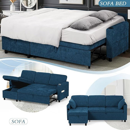 84" Chenille Pull Out Sofa Bed w/Adjustable Backrest, L-Shape Modern Sleeper Sofa w/Reversible Chaise, Upholstered Sectional Couch w/USB Port and Side Pockets for Living Room, House, Blue
