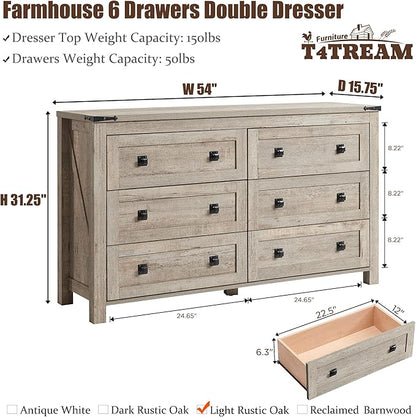 T4TREAM Farmhouse 6 Drawers Dresser for Bedroom, Wood Rustic Wide Chest of Drawers, Storage Dressers Organizer for Bedroom, Living Room, Hallway, Light Rustic Oak