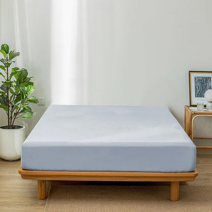 MooMee Fitted Bottom Sheet Only 100% Washed Cotton Linen Like Textured Breathable Durable Soft Comfy Deep Pocket Fits Mattress up to 17" (Cornflower Blue, Queen)