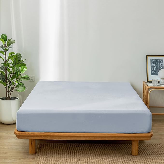 MooMee Fitted Bottom Sheet Only 100% Washed Cotton Linen Like Textured Breathable Durable Soft Comfy Deep Pocket Fits Mattress up to 17" (Cornflower Blue, King)