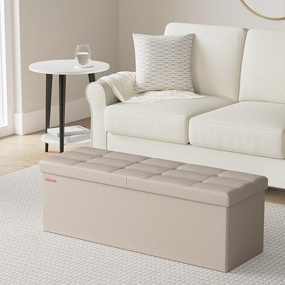 SONGMICS MAZIE Collection - 43 Inches Storage Ottoman Bench with Flipping Lid, Storage Chest with Iron Frame Support, Load 660 lb, for Living Room, Bedroom, Synthetic Leather, Camel Brown ULSF075K03