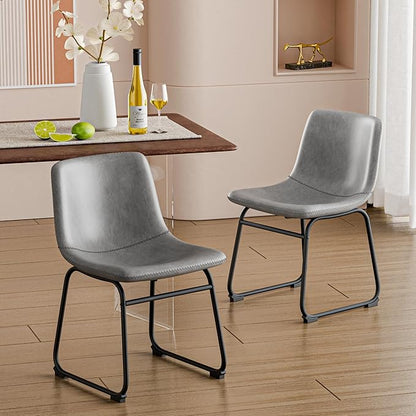 Dining Chairs Set of 4, 18 Inch Modern Armless Dining Chair with Back, Faux Leather Kitchen Dining Room Chair with Metal Legs for Home, Bistro Coffee Shops (Grey)