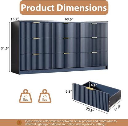 Navy 9 Drawer Dresser for Bedroom, 63" Wide Modern Fluted Dresser with Gold Metal Handles, Chest of Drawers for Bedroom, Living Room, Entryway, Hallway