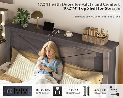 AMERLIFE 47.2" H Queen Bed Frame with Hidden Space Bookcase Headboard and Charging Station, Beds with 2 Storage Drawers and Wood Slats, No Box Spring Needed, Grey