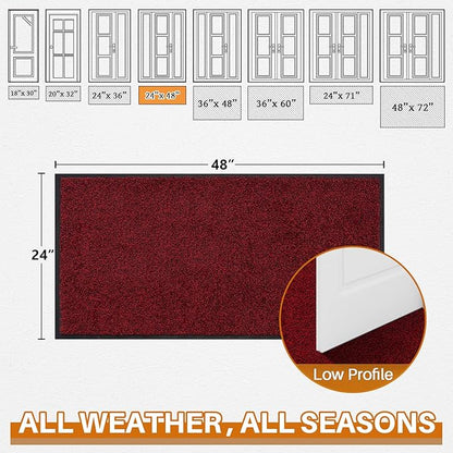 Mibao Front Door Mat, Dirt Trapper Welcome Mat for Outdoor Indoor, Non-Slip Waterproof Doormat, Durable Machine Washable Low Profile Entry Rug for Back Door Outside Patio Porch, 48" x 24", Red