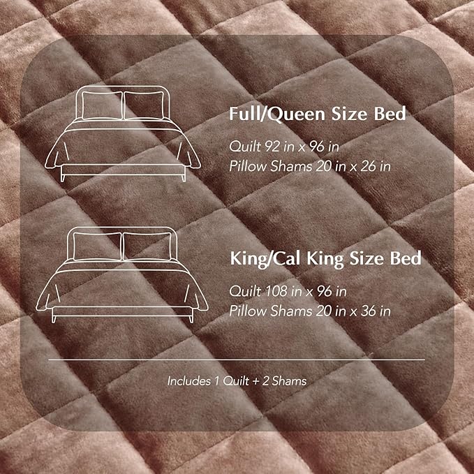 RECYCO Luxury Velvet Quilt King Size Bedding Set, Ultra Soft Velvet Comforter Set, Lightweight Quilted Channel Box Stitch Oversized Bedspread Coverlet for All Season, with 2 Shams, Terracotta Clay