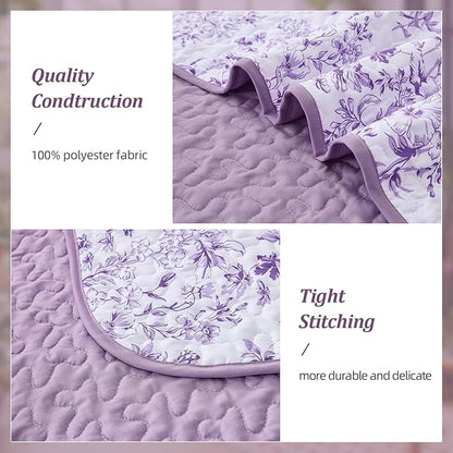 WONGS BEDDING Quilt King Size, Purple Quilt Bedding Set with 2 Pillowcases, Botanical Quilt for King Bed, Soft Microfiber Lightweight Coverlet Bedspread for All Season (110"×90", 3 Pieces)