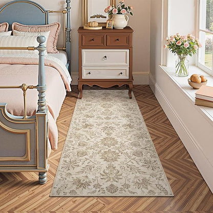 jinchan Torino Runner Rugs 2x5 - Vintage-Inspired Floral Neutral Design Machine Washable Non-Slip Ultra-Thin Low-Pile Rubber Backing Runner Rug for Kitchen Hallway Laundry Room Entryway Taupe
