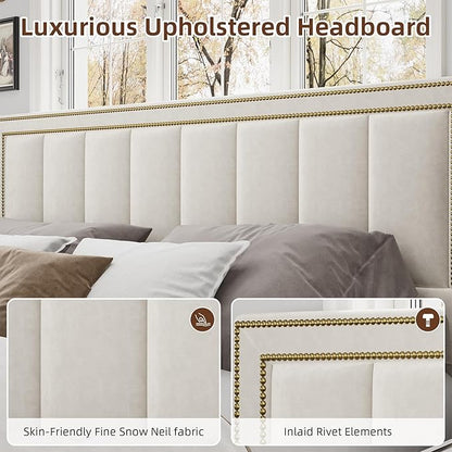 BarnFurin King Size Size Bed Frame with 50" Tall Headboard and Footboard, Chenille Upholstered Platform Bed, Vertical Channel Tufting with Nailhead Trim, No Box Spring Needed, Easy Assembly, Beige