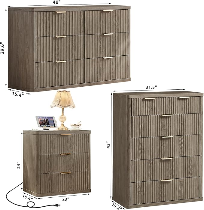 LEYAOYAO Fluted Dressers & Nightstand Set of 4, Wood 48" Wide Dresser & 42" Tall Chest of Drawers,Modern Bedroom Furniture Sets, Grey Wooden Nightstand Set of 2 with 3 Drawers & Charging Station