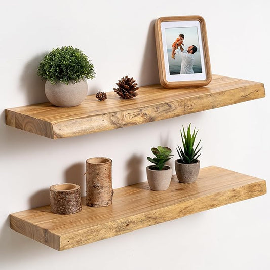 fuqing Live Edge Floating Shelves for Wall 24 inch, 8 Inch Deep Solid Elm Wood Floating Wall Shelves - Rustic Wooden Shelves with Invisible Brackets for Living Room Bedroom Kitchen, 2 Pack, Natural