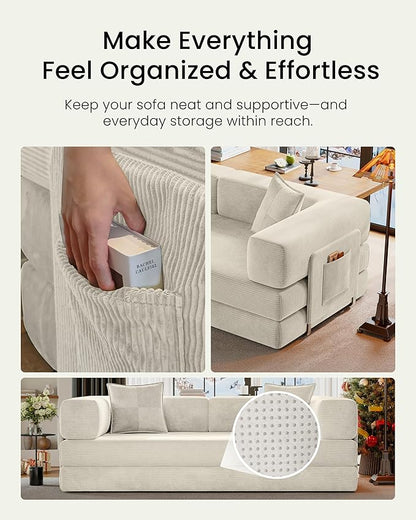 78.8" Convertible Sofa Bed,Corduroy Futon Couch with Storage Pocket,Folding Pull Out Futon Sofa,No Assembly Boneless Couch for Living Room, White | futon sofa bed, sofa, couch, loveseat, convertible sofa, boneless couch