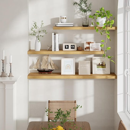 Fun Memories 40 Inch Floating Shelves for Wall, 9.3 Inch Deep Shelves for Books & Decor, Wall-Mounted Floating Shelf 40 Inch Long Set of 2, Rustic Wooden Shelf for Living Room, Bedroom, Kitchen, Oak