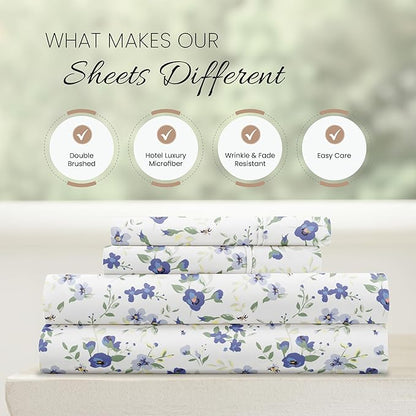 Linen Market Double-Brushed Patterned Microfiber California King Sheet Set 4 Piece – OEKO-TEX Certified Ultra Soft & Wrinkle-Free - 16" Deep Pocket Sheets Easy Care Cal-King Size - Blossoms Light Blue