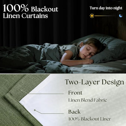 Olive Green Blackout Pinch Pleat Curtains 84 Inches Long 2 Panels for Living Room Bedroom 100% Black Out Linen Dual Layer Pleated with Hooks Rings Back Tab Room Darkening Loden Drapes 84 Inch Length
